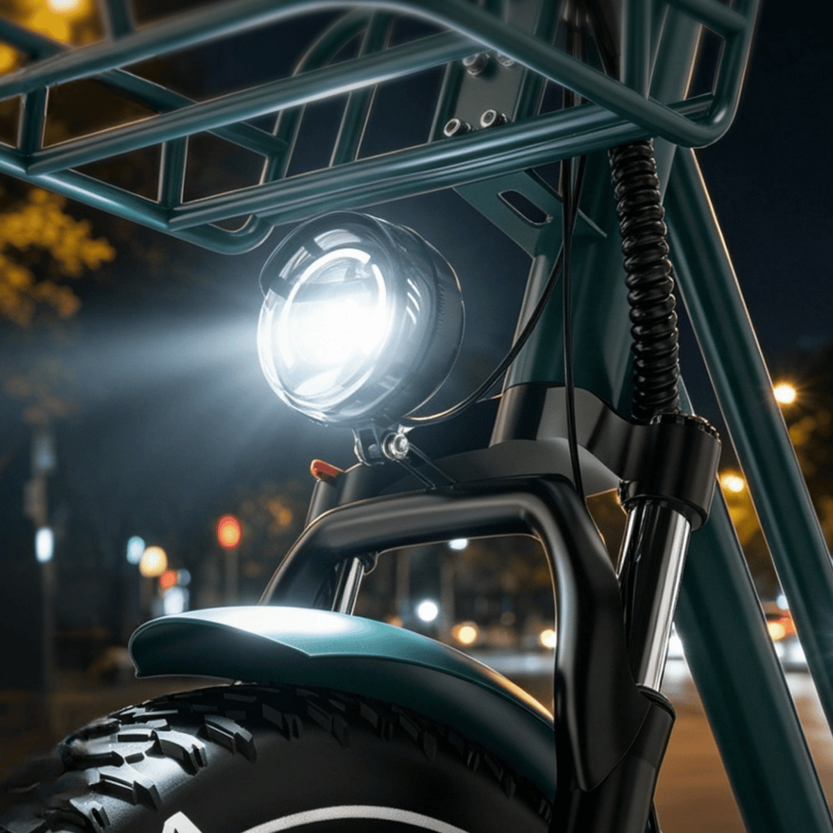 Faro delantero de la KOOLUX X7 Pro con las luces encendidas