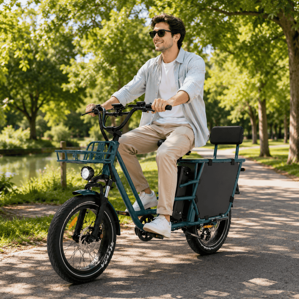 Hombre montando la bicicleta eléctrica fat bike KOOLUX X7 Pro en un parque