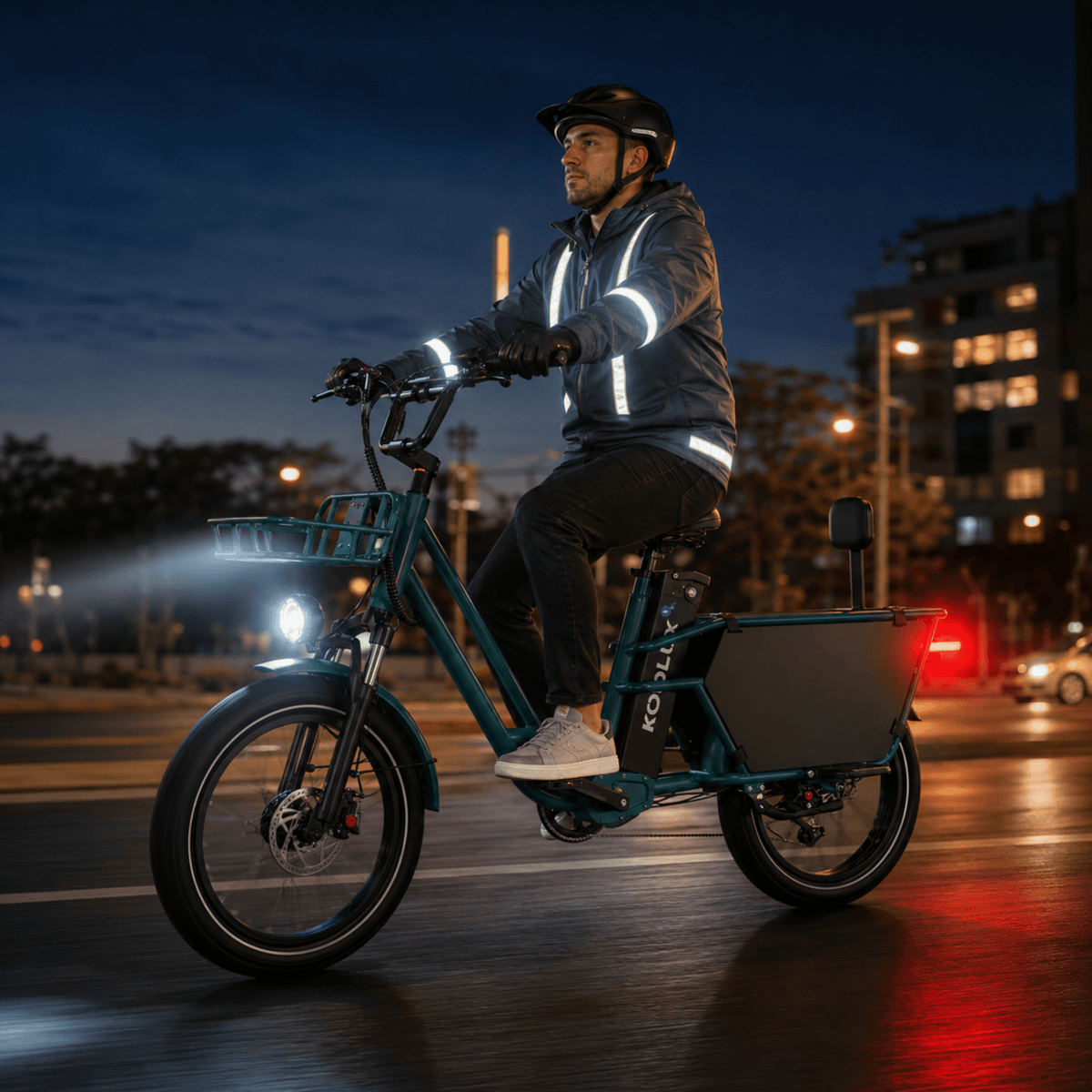 Mujer montando la bicicleta eléctrica fat bike KOOLUX X7 Pro en un ambiente nocturno