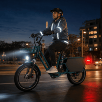 Mujer montando la bicicleta eléctrica fat bike KOOLUX X7 Pro en un ambiente nocturno