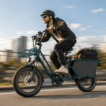 Hombre montando la bicicleta eléctrica fat bike KOOLUX X7 Pro por la carretera