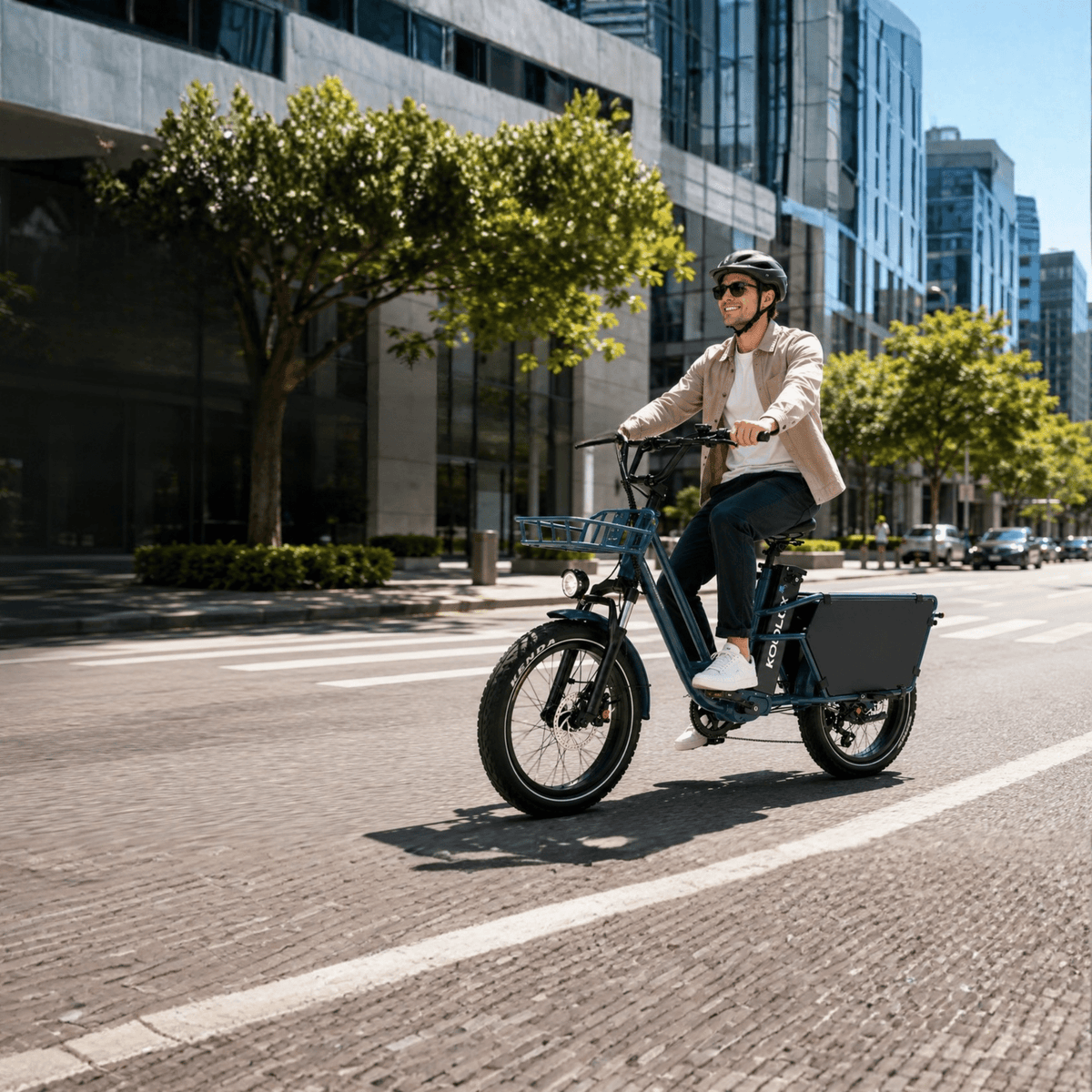 Mujer montando la bicicleta eléctrica fat bike KOOLUX X7 Pro por la ciudad