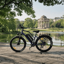 Bicicleta eléctrica fat bike LOOKROAD L28 Max vista de lado en un parque junto a un lago