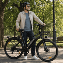 Hombre de pie junto a la bicicleta eléctrica LOOKROAD L28 MIN en un parque