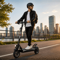 Hombre montando el patinete eléctrico Nanrobot T1 por la ciudad