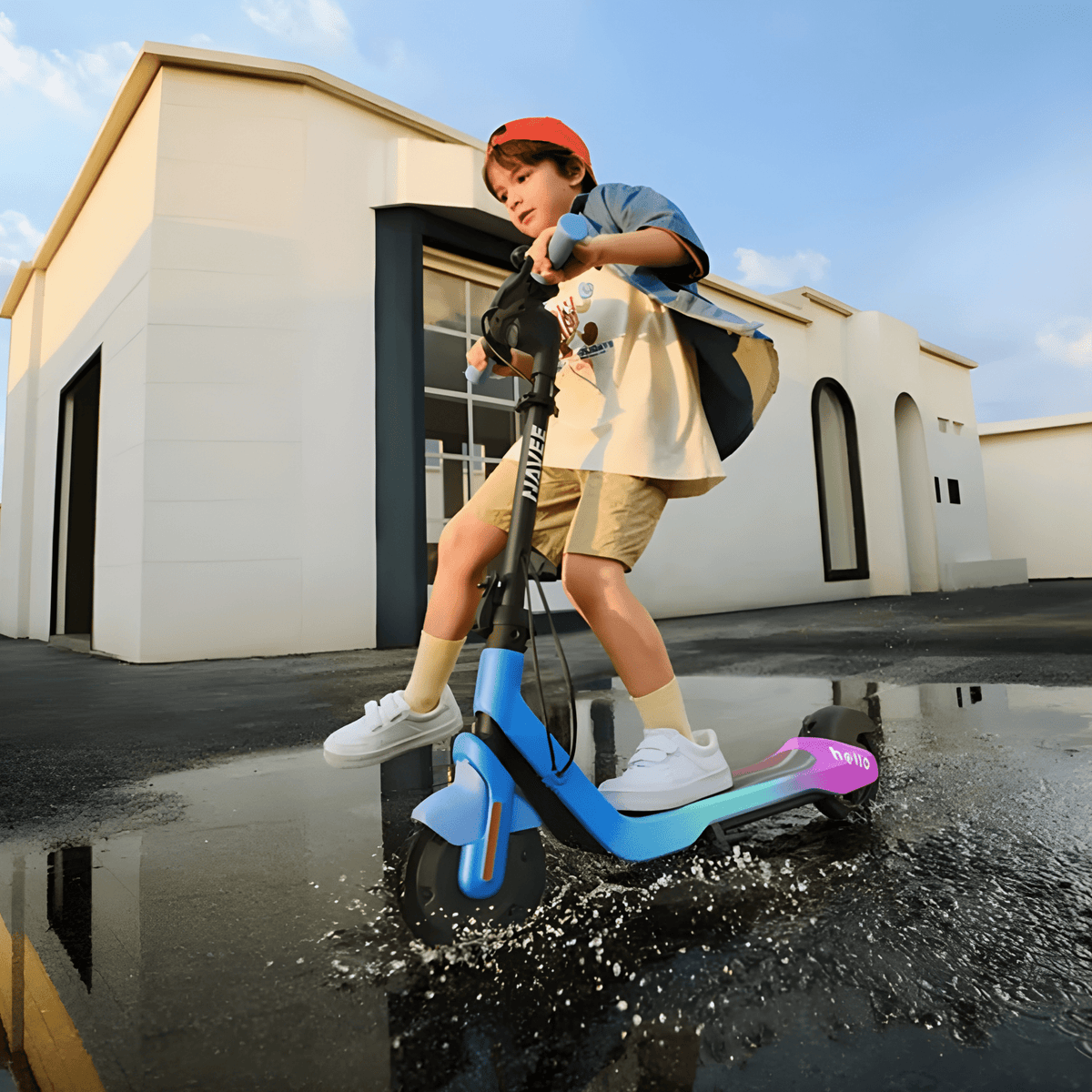 Persona circulando con el patinete eléctrico infantil NAVEE K100 Max por la ciudad con un niño