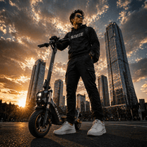 Persona de pie junto al NAVEE NT5 Ultra X patinete eléctrico al aire libre