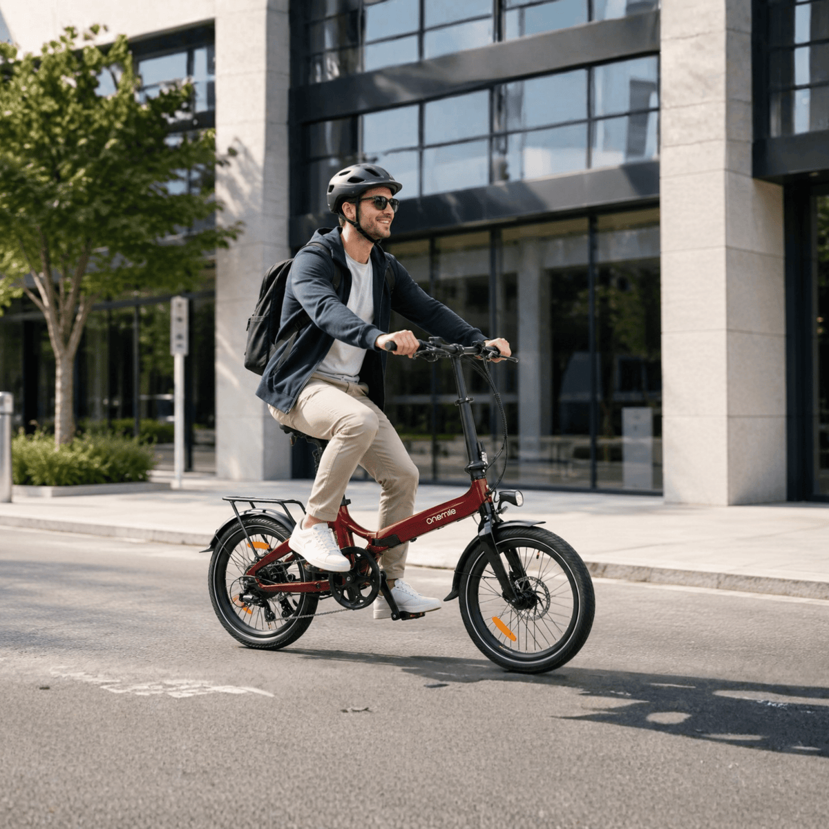 Hombre montando la bicicleta eléctrica plegable Onemile E2 por la ciudad