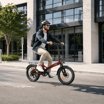 Hombre montando la bicicleta eléctrica plegable Onemile E2 por la ciudad