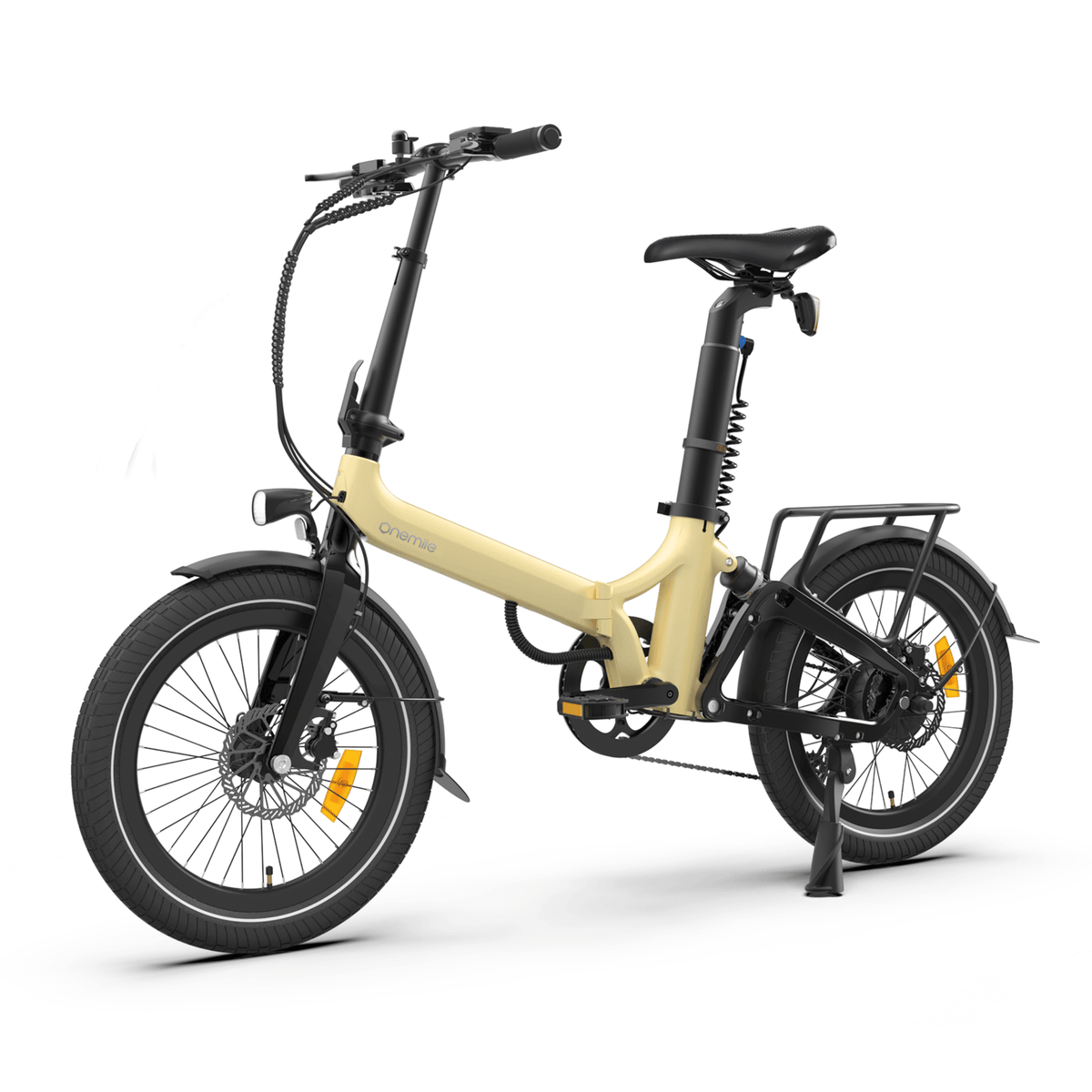 Bicicleta eléctrica plegable Onemile E2 en vista frontal en ángulo en color beige
