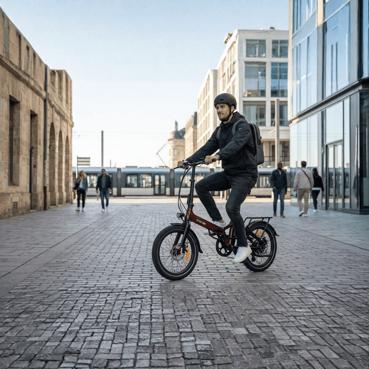Hombre montando la bicicleta eléctrica plegable Onemile E2 por una calle