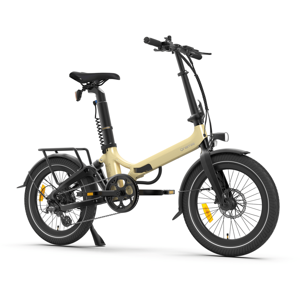 Bicicleta eléctrica plegable Onemile E2 en vista frontal en ángulo en color beige
