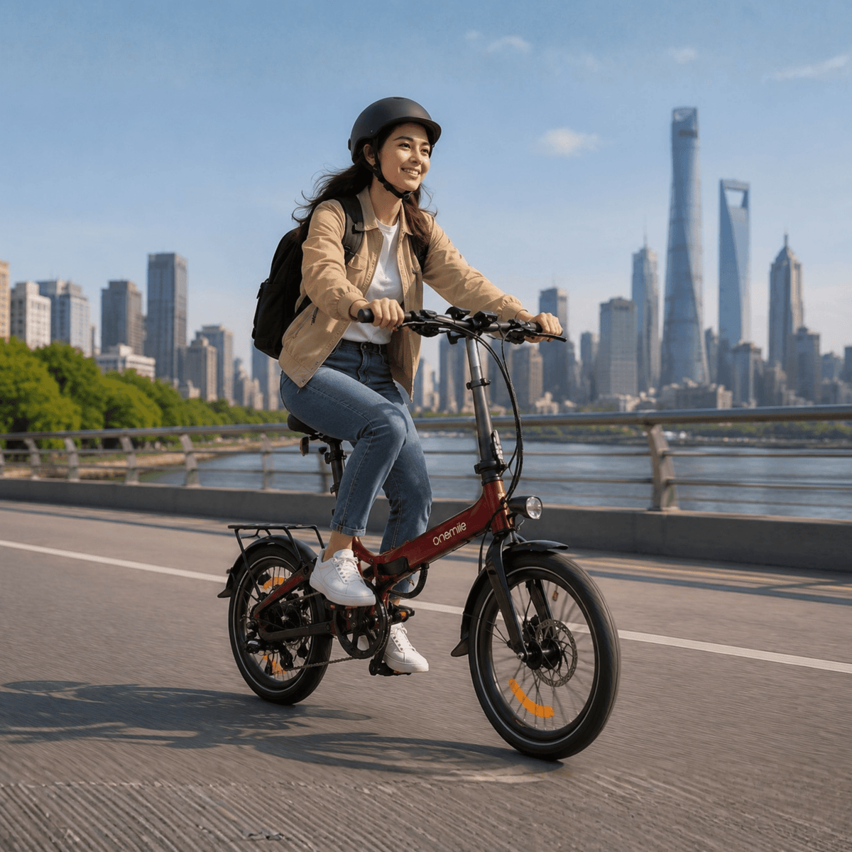 Mujer montando la bicicleta eléctrica plegable Onemile E2 por la ciudad