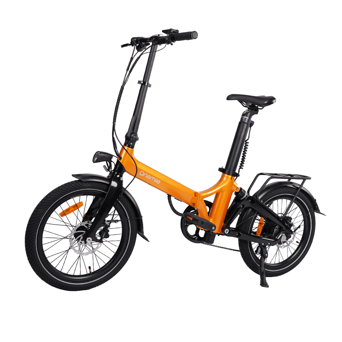 Bicicleta eléctrica plegable Onemile E2 en vista frontal en ángulo en color naranja