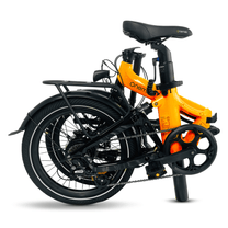 Bicicleta eléctrica plegable Onemile E2 plegada en color naranja