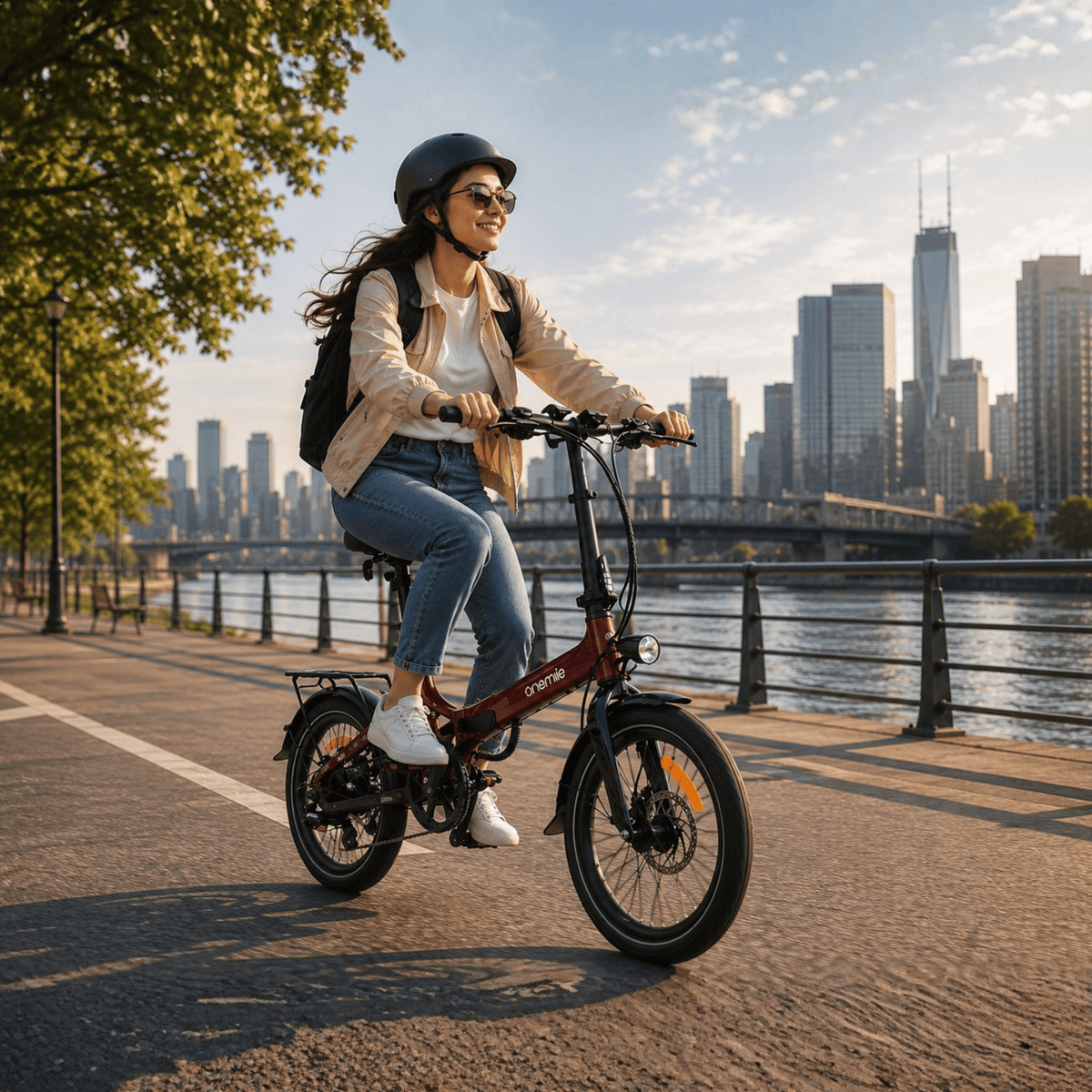 Mujer montando la bicicleta eléctrica plegable Onemile E2 por un camino peatonal