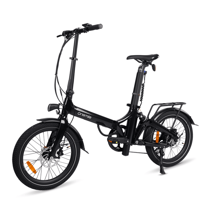 Bicicleta eléctrica plegable Onemile E2 en vista frontal en ángulo en color negro