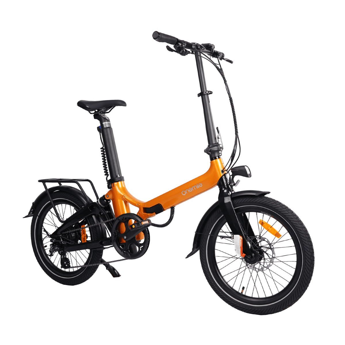 Bicicleta eléctrica plegable Onemile E2 en vista frontal en ángulo en color naranja