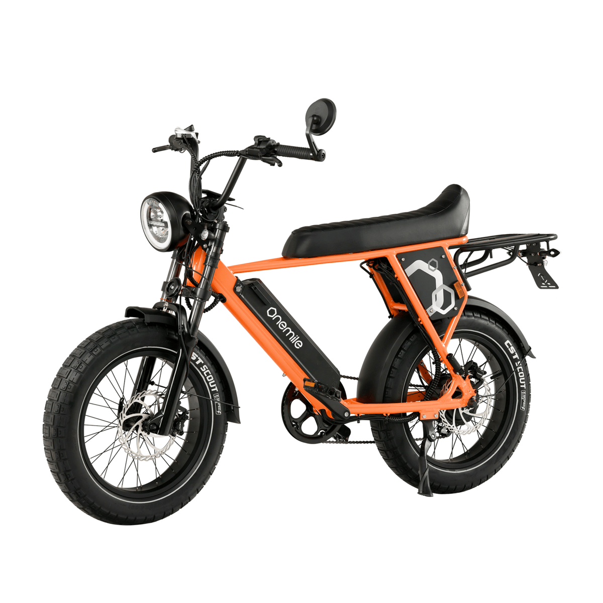 Bicicleta eléctrica fat bike Onemile P40 Pro en vista frontal en ángulo en color naranja