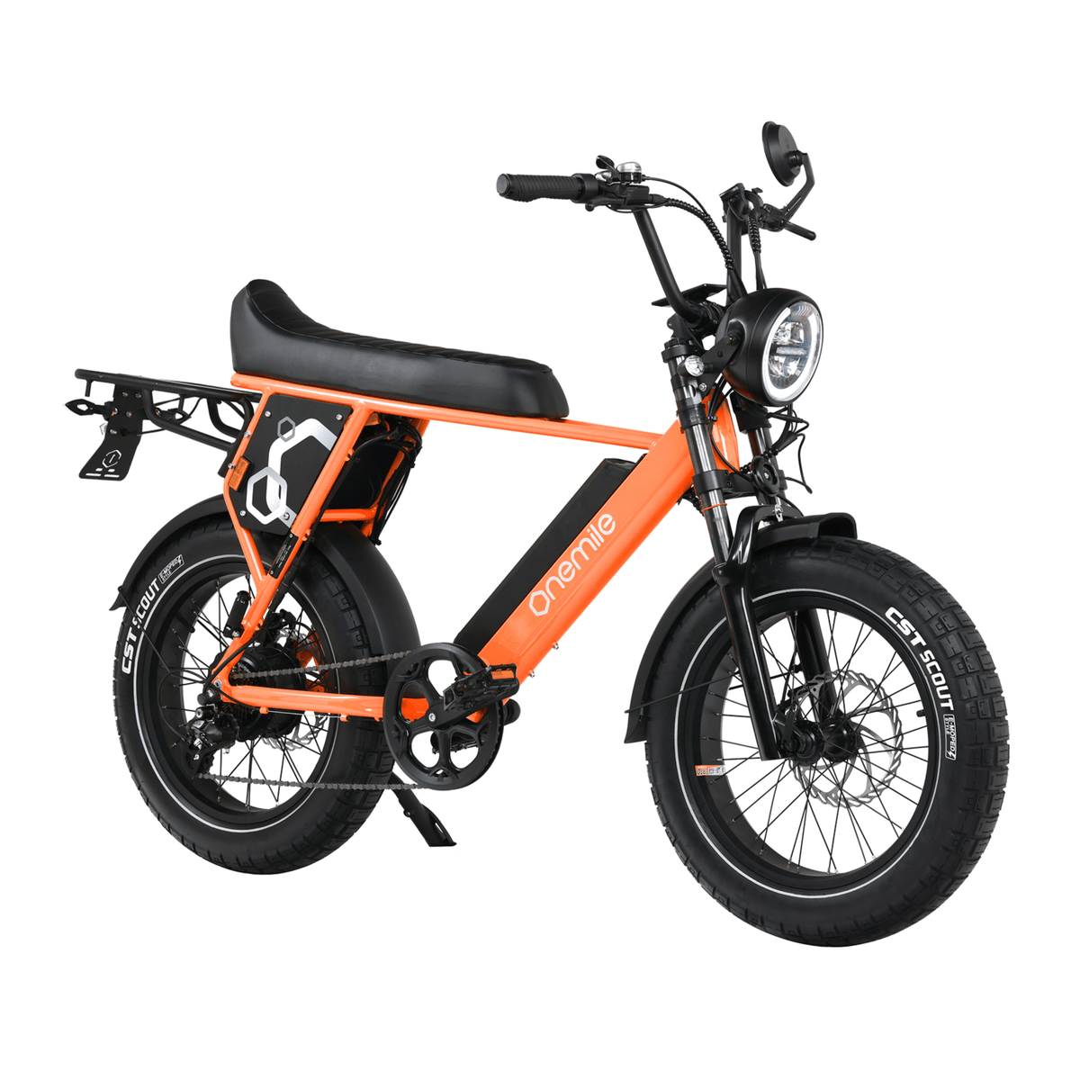 Bicicleta eléctrica fat bike Onemile P40 Pro en vista frontal en ángulo en color naranja
