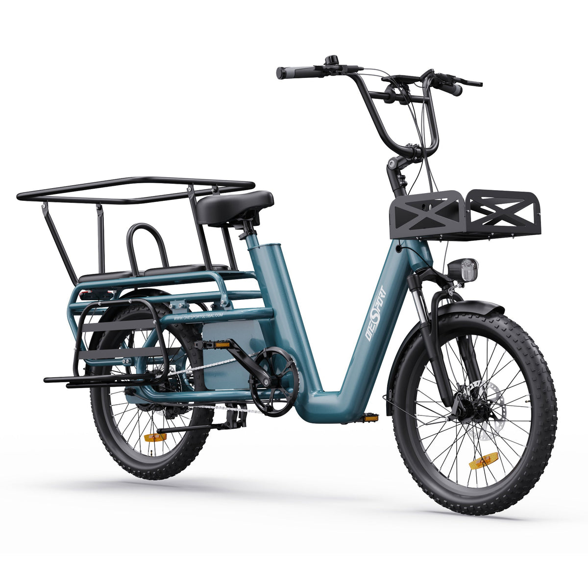 Bicicleta eléctrica OneSport OT01 vista de frente con asiento de pasajero