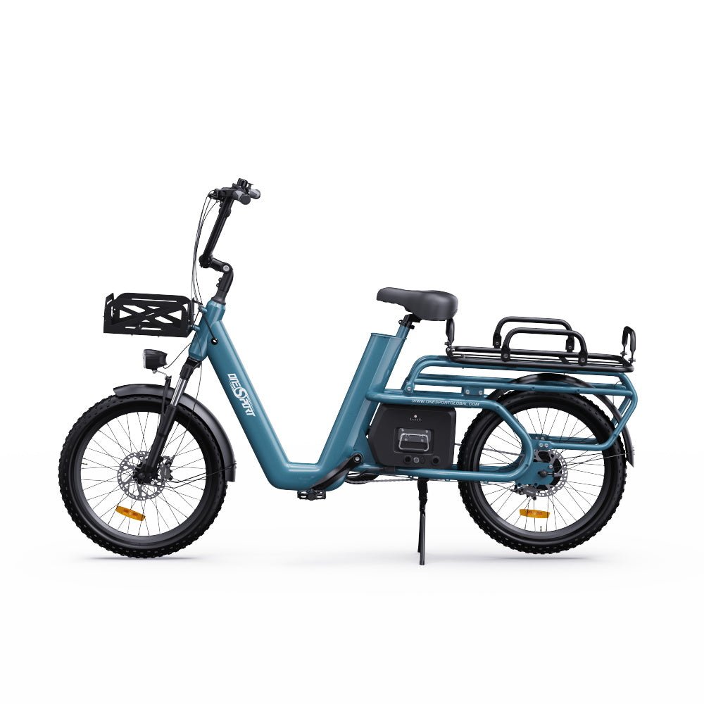 Bicicleta eléctrica OneSport OT01 vista de lado con cesta trasera