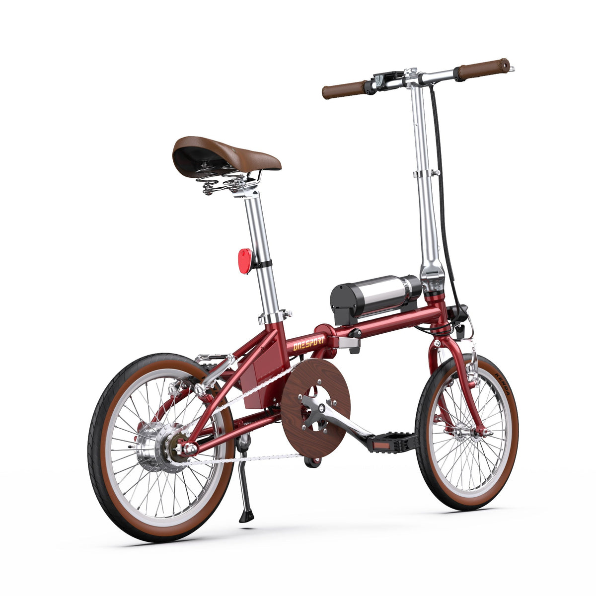 Bicicleta eléctrica plegable OneSport OT02 en vista frontal en ángulo en color rojo desde un ángulo bajo
