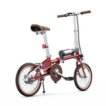 Bicicleta eléctrica plegable OneSport OT02 en vista frontal en ángulo en color rojo desde un ángulo bajo