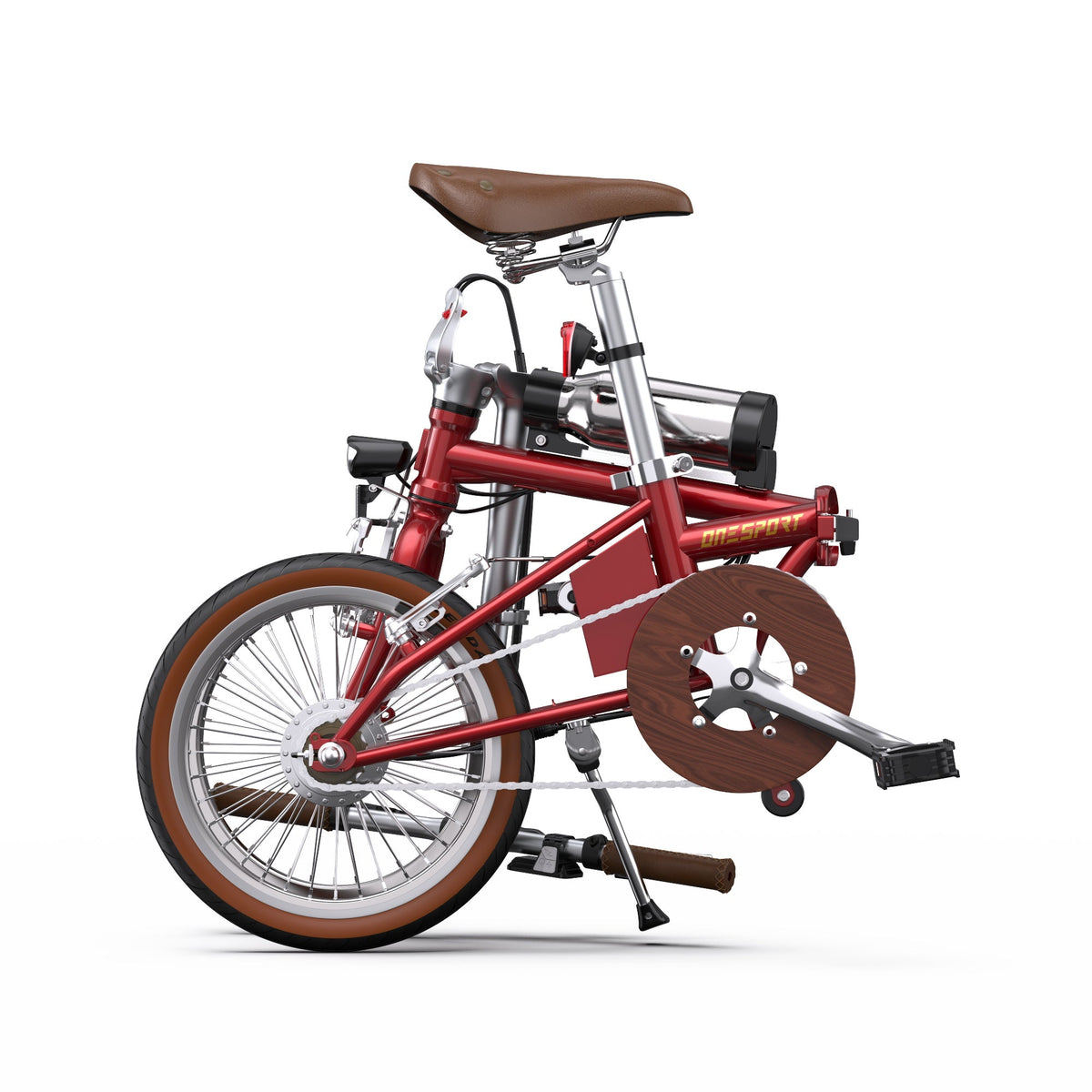 Bicicleta eléctrica plegable OneSport OT02 plegada, vista de lado en color rojo
