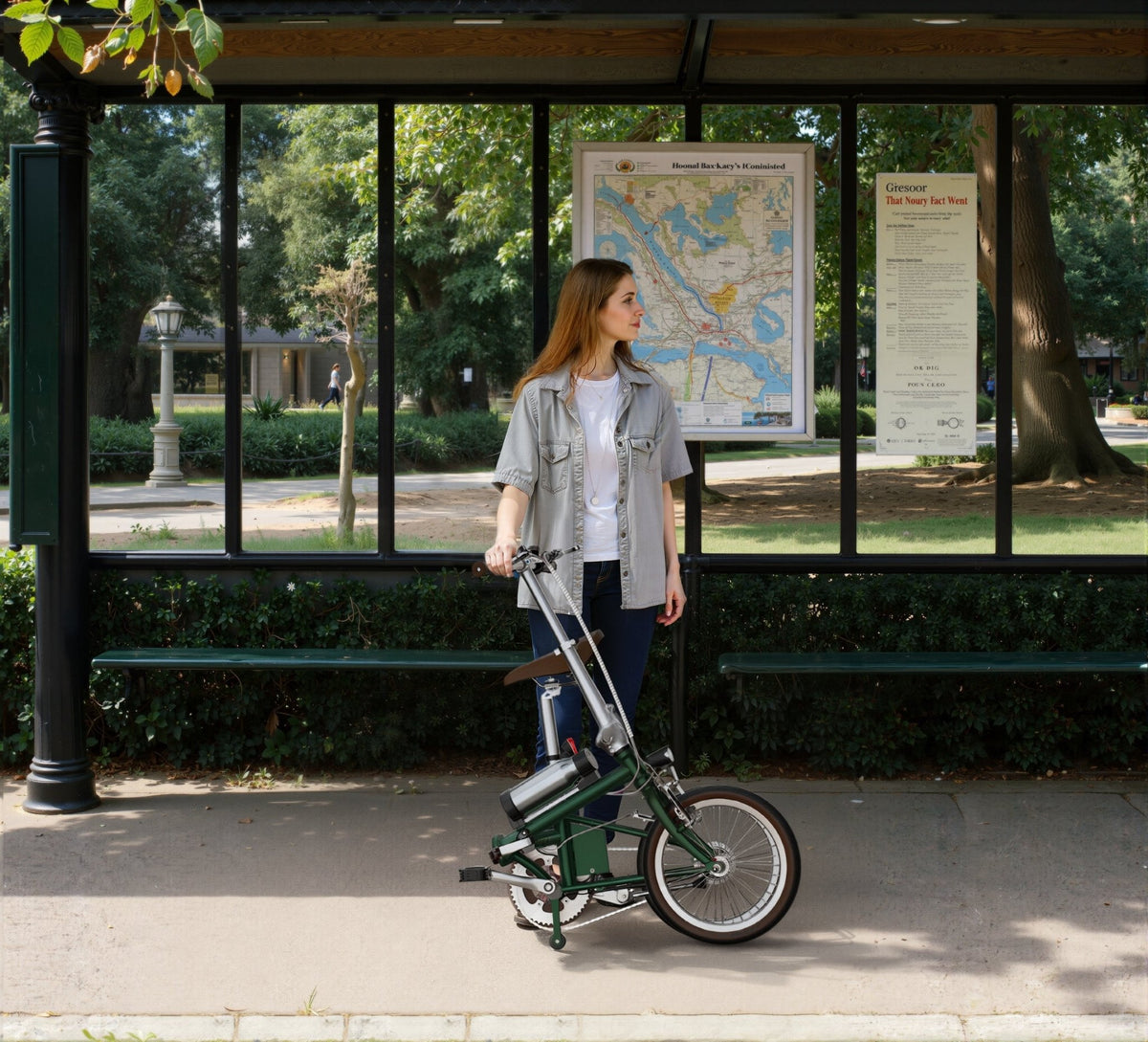 Mujer de pie junto a la bicicleta eléctrica plegable OneSport OT02 en la ciudad