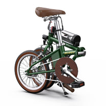 Bicicleta eléctrica plegable OneSport OT02 plegada, en vista frontal en ángulo en color verde