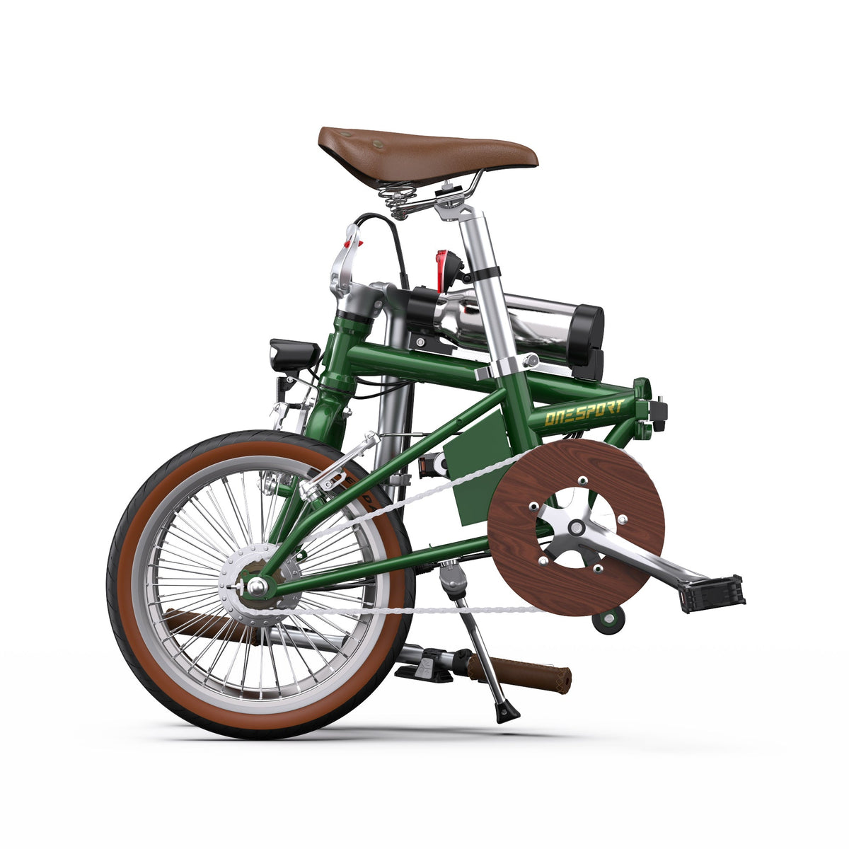 Bicicleta eléctrica plegable OneSport OT02 plegada, vista de lado en color verde