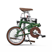 Bicicleta eléctrica plegable OneSport OT02 plegada, vista de lado en color verde
