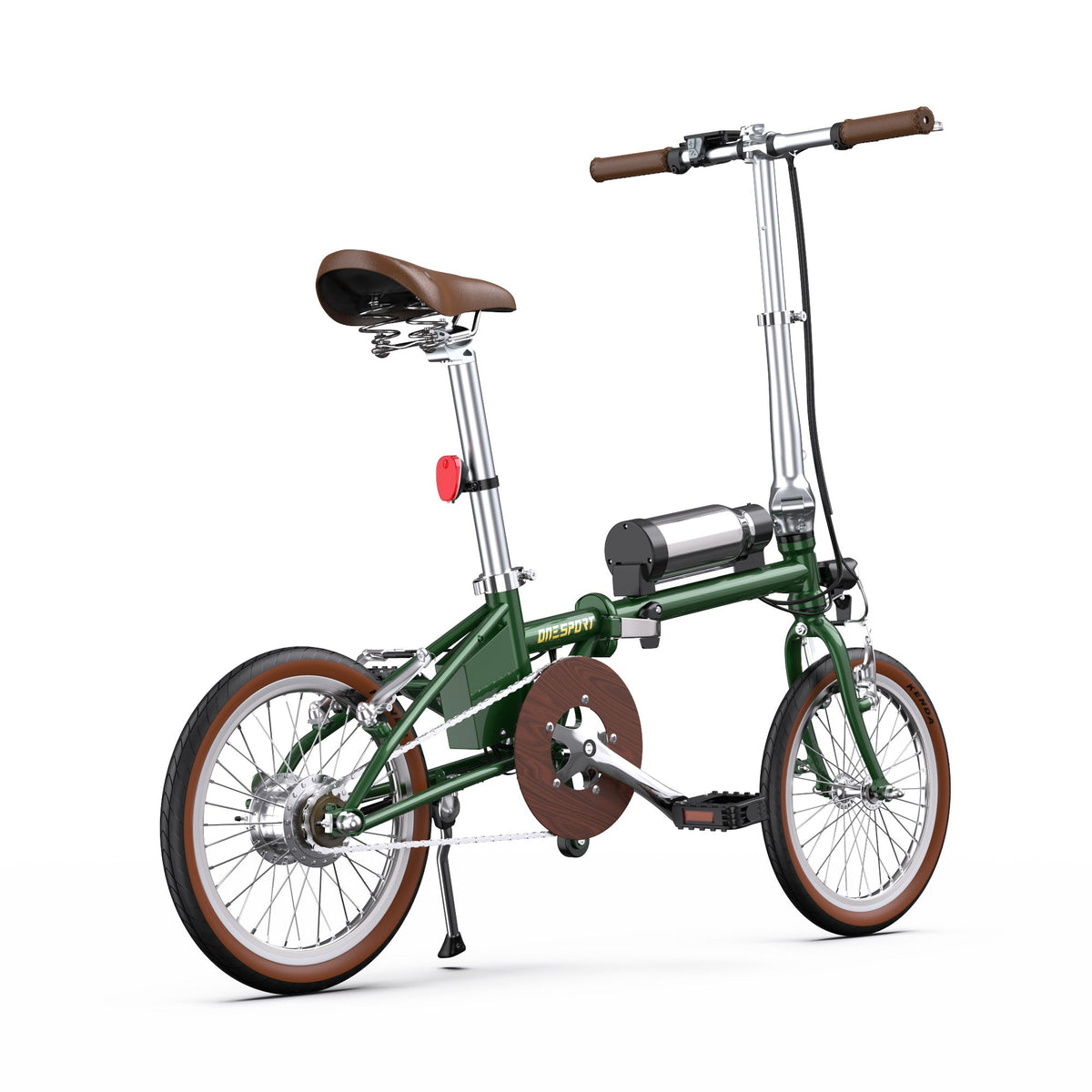 Bicicleta eléctrica plegable OneSport OT02 vista de lado en color verde desde un ángulo bajo