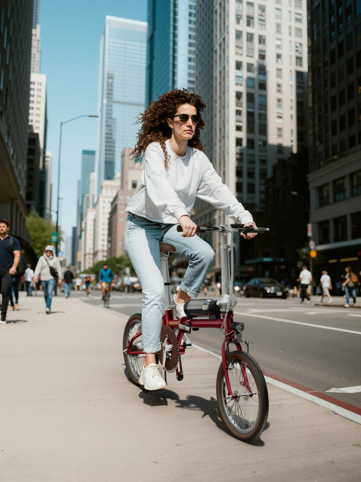 Mujer montando la bicicleta eléctrica plegable OneSport OT02 por la ciudad