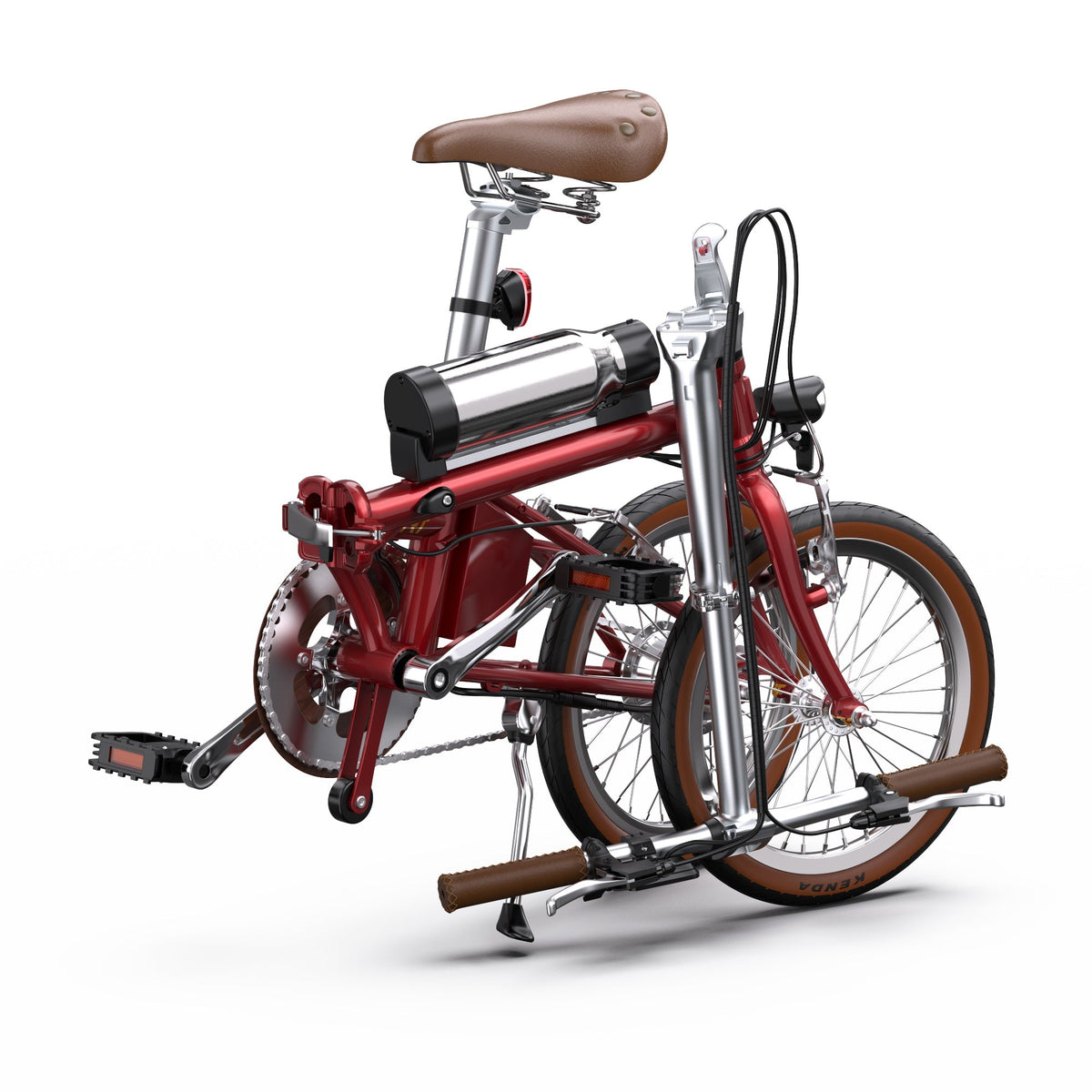 Bicicleta eléctrica plegable OneSport OT02 plegada en color rojo desde arriba