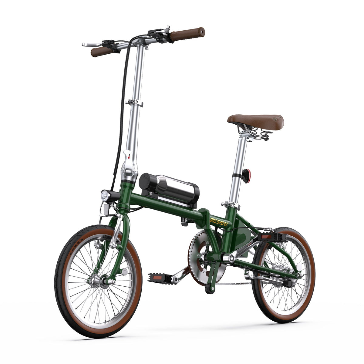 Bicicleta eléctrica plegable OneSport OT02 en vista frontal en ángulo en color verde