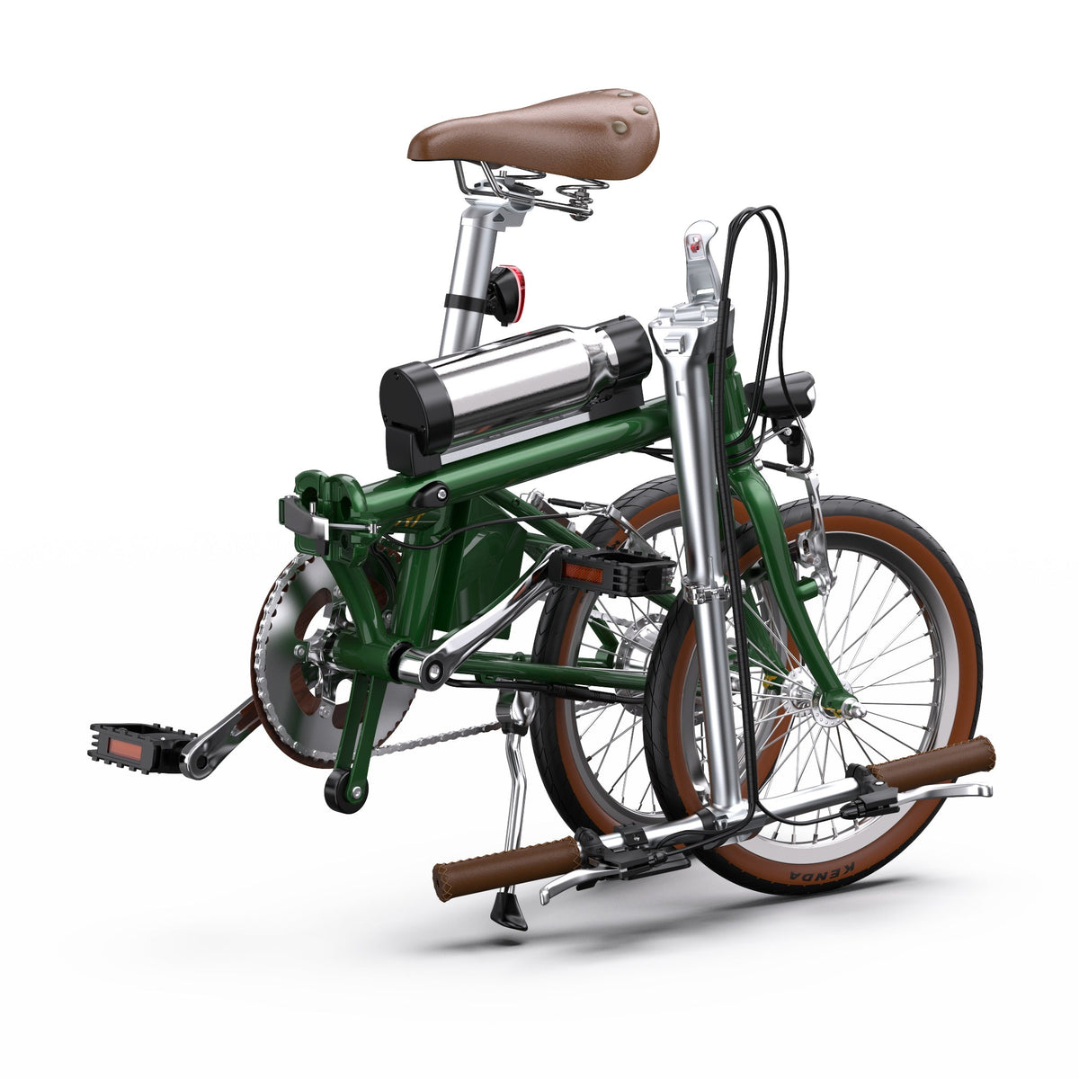 Bicicleta eléctrica plegable OneSport OT02 plegada en color verde desde arriba