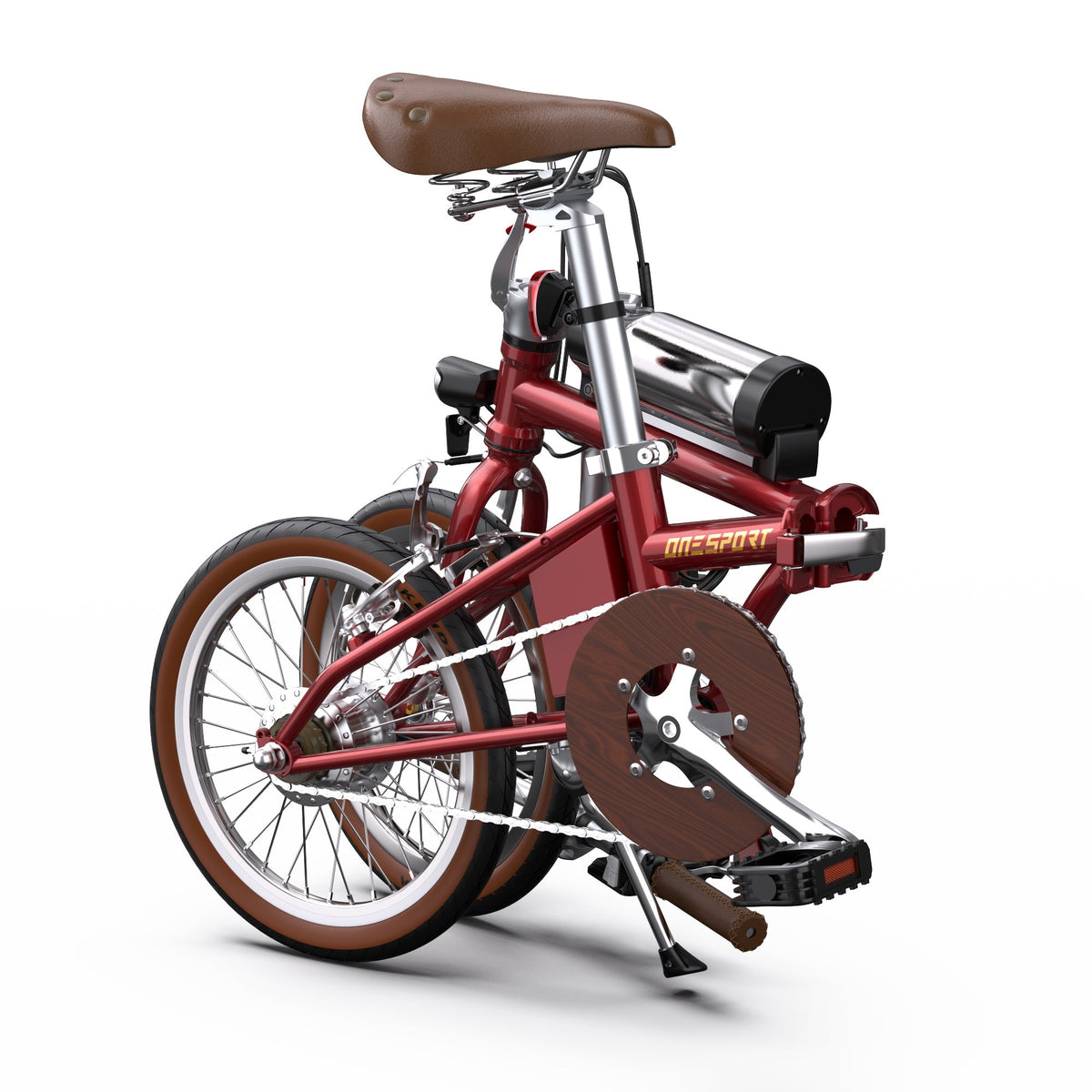 Bicicleta eléctrica plegable OneSport OT02 plegada, en vista frontal en ángulo en color rojo