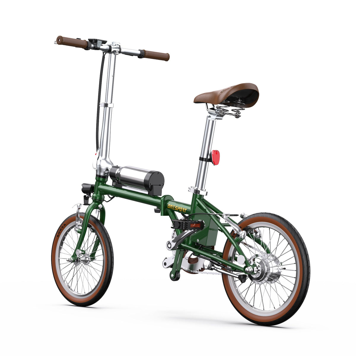 Bicicleta eléctrica plegable OneSport OT02 en vista frontal en ángulo en color verde desde un ángulo bajo