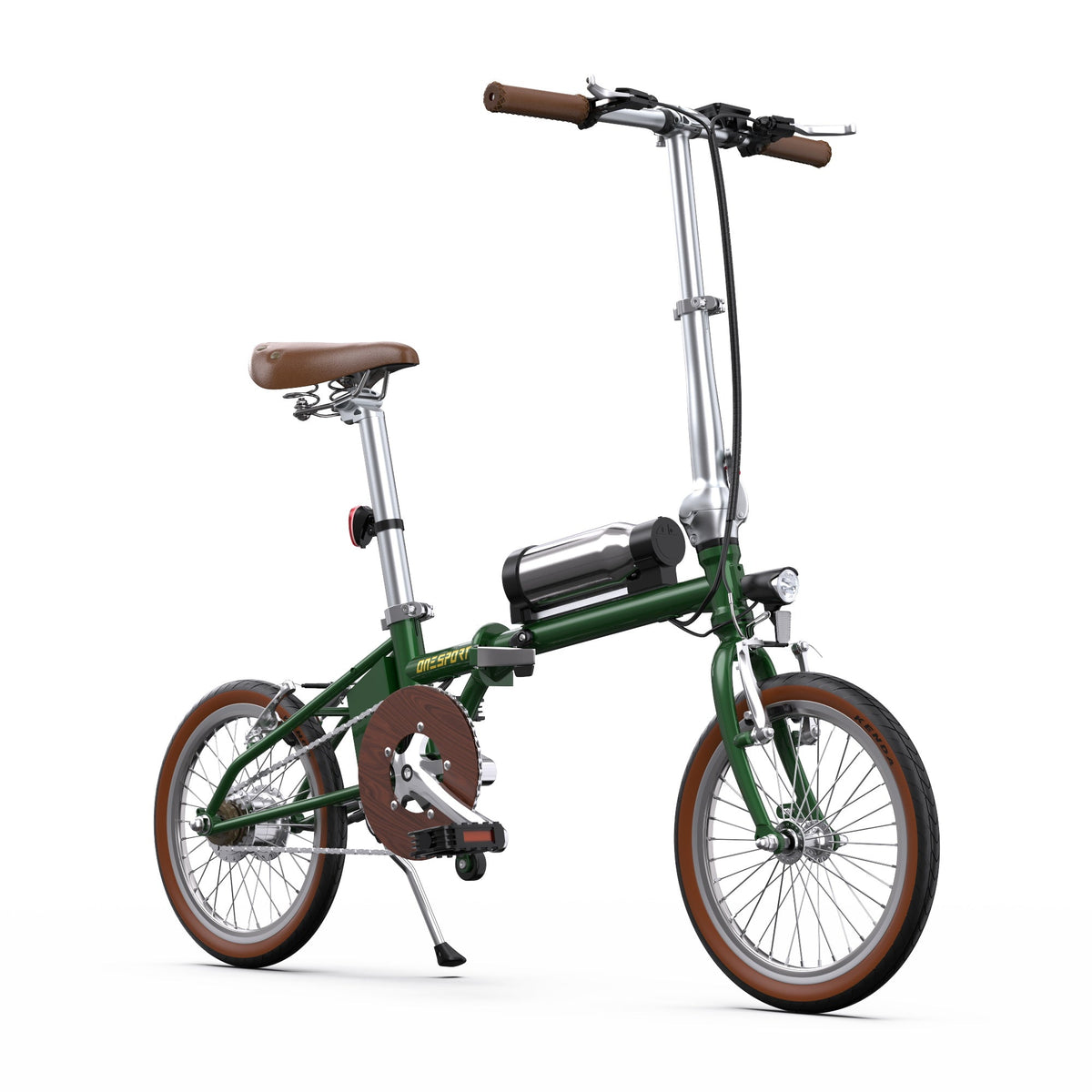 Bicicleta eléctrica plegable OneSport OT02 vista en ángulo desde atrás en color verde