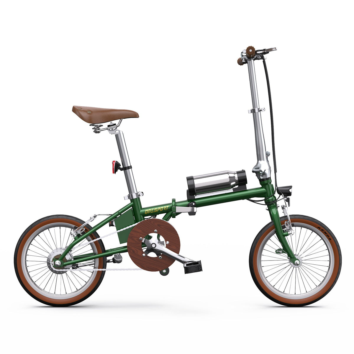 Bicicleta eléctrica plegable OneSport OT02 vista desde el lado opuesto en color verde