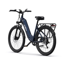 Bicicleta eléctrica OneSport OT05 en vista frontal en ángulo desde el lado opuesto en color azul