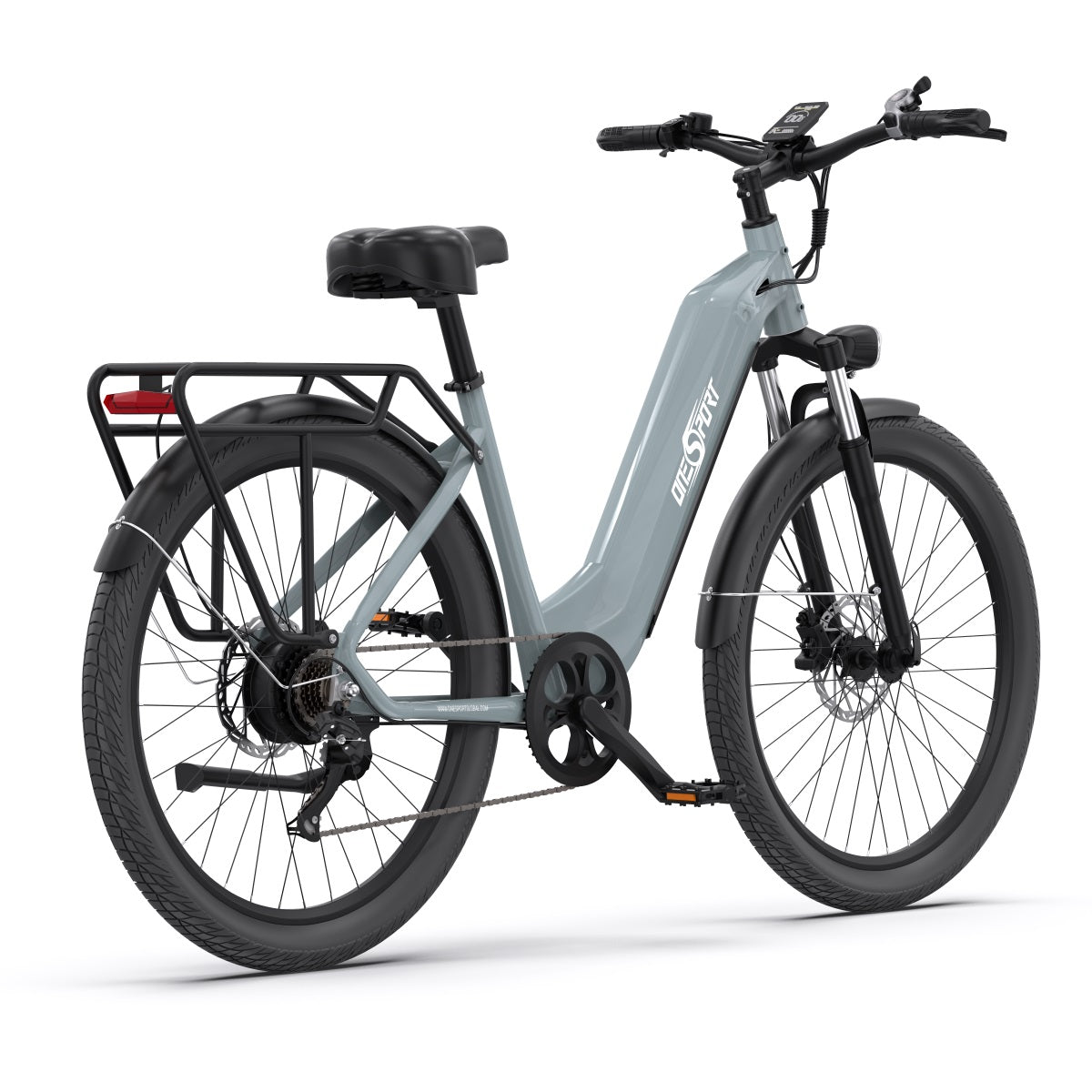 Bicicleta eléctrica OneSport OT05 vista en ángulo desde atrás en color azul claro