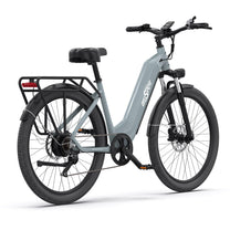 Bicicleta eléctrica OneSport OT05 vista en ángulo desde atrás en color azul claro