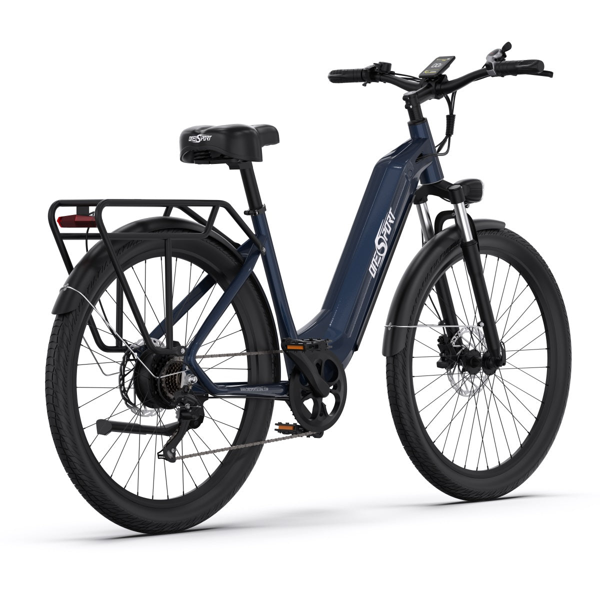 Bicicleta eléctrica OneSport OT05 vista en ángulo desde atrás en color azul