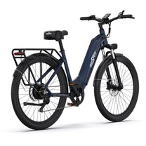 Bicicleta eléctrica OneSport OT05 vista en ángulo desde atrás en color azul