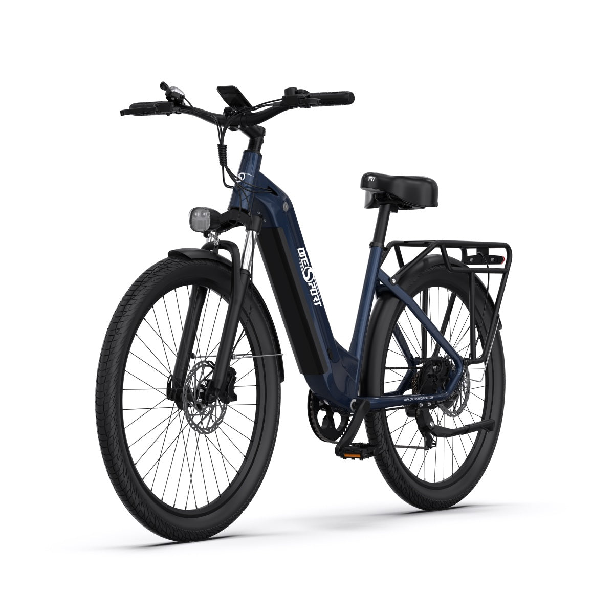 Bicicleta eléctrica OneSport OT05 en vista frontal en ángulo en color azul
