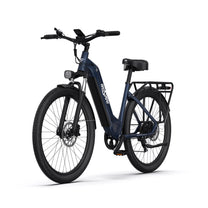 Bicicleta eléctrica OneSport OT05 en vista frontal en ángulo en color azul