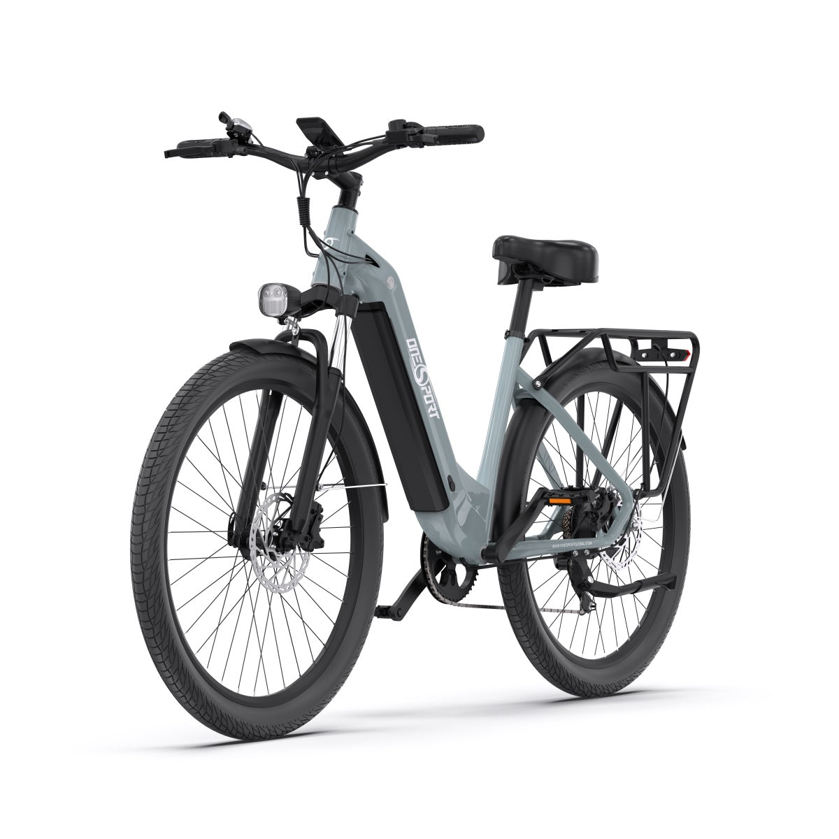 Bicicleta eléctrica OneSport OT05 en vista frontal en ángulo en color azul claro